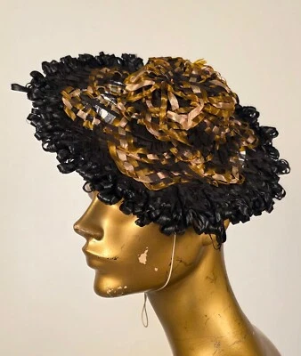 UNUSUAL ANTIQUE VICTORIAN 1880’S BLACK + PLAID STRAW HAT - Image 1 of 4