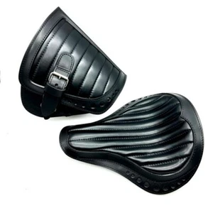 Black Seat + Saddlebag Custom Set for Bobber Chopper Harley Davidson Leather Bag - Zdjęcie 1 z 18