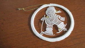 SKIING SNOWMAN Made from Lace Christmas Ornament - Picture 1 of 3