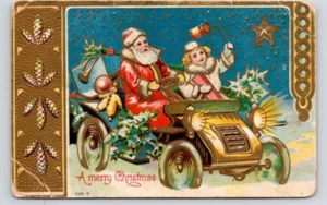 CARTOLINA BABBO NATALE CON BAMBINA IN VEICOLO APERTO - GOFFRATA - Foto 1 di 2