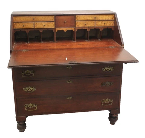 Antique Slant Front Desk w/ Birds Eye Maple Inner Draw Fronts & String Inlay Cover