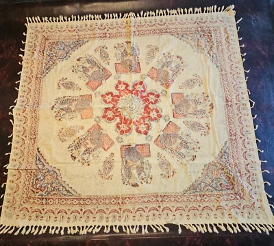 Vintage Persian Style Cotton Square Fringe Tablecloth Red Blue Beige Foto 1 de 4