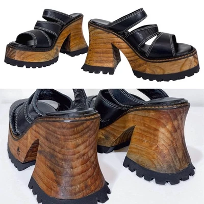 Vintage 90’s LONDON UNDERGROUND CHUNKY PLATFORM SANDALS 9 Mules Y2K Wood - Image 1 of 4