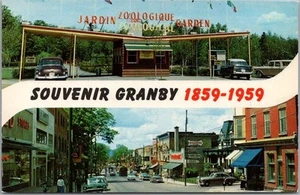 Vintage 1959 GRANBY, Quebec Canada Postcard City Centennial / Zoo & Main Street - Picture 1 of 2