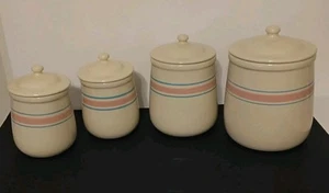 Barattoli biscotti vintage McCoy a righe rosa e blu set di 4 con coperchi - Foto 1 di 16