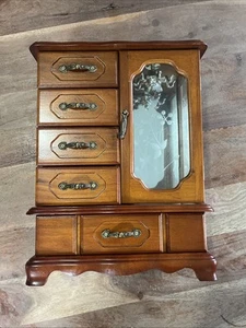 Vintage Table Top Jewelry Box Chest Armoire Cabinet Wood 13” T 10” W 4.5” L - Picture 1 of 13
