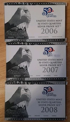 2006, 2007, & 2008 U.S. Mint 50 State Quarters Silver Proof Sets OGP Box COA - Image 1 of 4