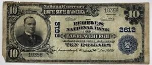 1902 $10 Plain Back National Currency Bank Note CH 2612 Lawrenceburgh Indiana - Picture 1 of 2