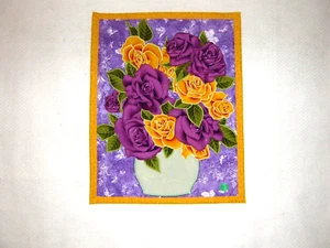 Handmade Quilted wall hanging, Purple & Yellow Roses in green vase,  14" x 18" - Picture 1 of 2