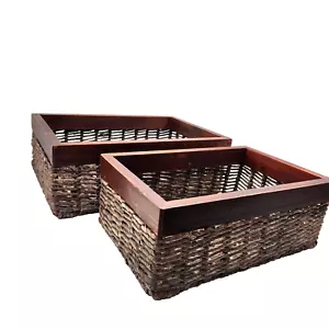 Baskets Holder Caddy Wood Wicker Rattan Reed Office Storage Sturdy Set Of 2 - Picture 1 of 5