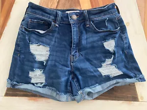 Pantaloncini jeans blu SO Juniors taglia 7/28 W curvy midi effetto invecchiato polsini - Foto 1 di 7