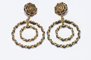 CHANEL Paris 1993 Extra Long CC Black Leather Double Hoop Earrings