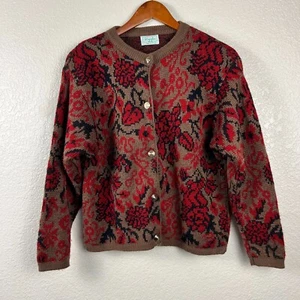 Vintage 80s Brown Benetton Red Floral Wool Blend Sweater Jumper 46 US 12 Italy - Picture 1 of 8
