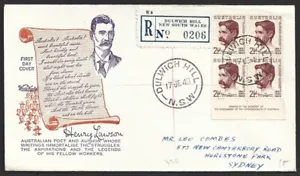 Australia 1949 Henry Lawson imprint block Wide World FDC registered DULWICH HILL - Picture 1 of 2