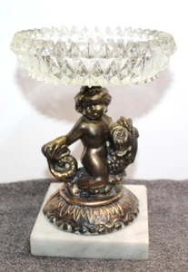 Portasapone o caramelle vintage vetro ottone e marmo cherubino e pesce koi alto 7 3/8" - Foto 1 di 5