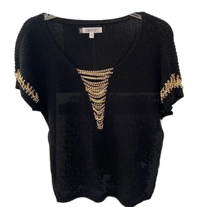 $58.00 Jennifer Lopez sweater Black Knit Gold Tone Chains Size L Blk Tie party - Imagen 1 de 8