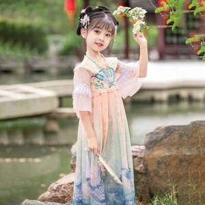 Girls Chiffon Short Sleeve Hanfu Chinese Fairy Mermaid Embroidery Tang Costume - Picture 1 of 12