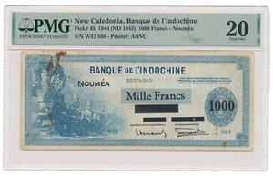 NEW CALEDONIA banknote 1000 Francs 1943 PMG VF 20 Very Fine - Picture 1 of 7