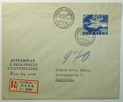 1936 FDC Sweden Bromma Aerodrome Stockholm Registered SC #263 First Day Cover - Image 1 of 2