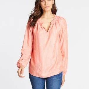 Nautica peach/orange split V-neck long sleeve striped blouse women's size XS - Picture 1 of 11