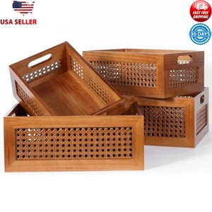 Handmade Rattan Storage Baskets Set of 4 Wooden Organizer Rustic Home Decor New - Picture 1 of 7