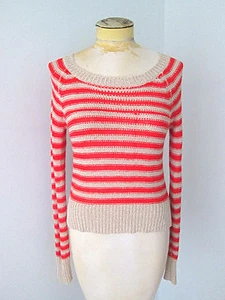 BCBG MAX AZRIA red tan stripe loose knit scoop neck linen blend sweater XXS - Picture 1 of 5