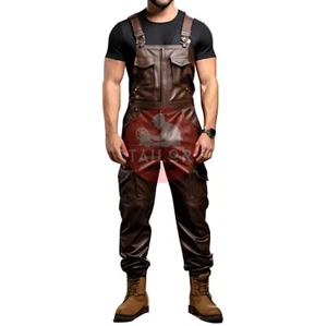 Mens Genuine Soft Leather Brown Bib Overall Dungaree Jumpsuit Suit Uniform Mans - Picture 1 of 3