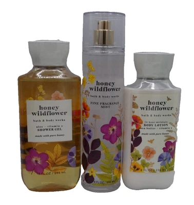 Bath & Body Works HONEY WILDFLOWER Body Mist Shower Gel & LOTION (3 PACK) SEALED - Image 1 of 4