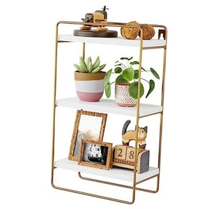 3 Tier White Square Wall Shelf with Gold Metal Frame Decorative Floating Shelf - Picture 1 of 7