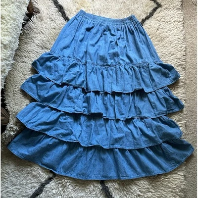 Vintage Western Denim Midi Skirt Tiered Blue ruffled maxi cowboy blue boho S/L - Image 1 of 4