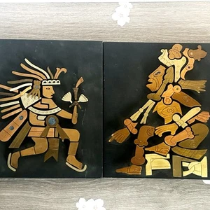 VNTG Mexican Aztec-Warrior Divorce Metal Wall Stone Inlay Art Los Castillo Set 2 - Picture 1 of 9