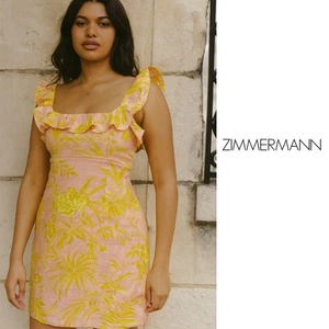 NUEVO Minivestido Zimmermann Dorado Estampado Tropical Volantes Lino Talla US 8 - Imagen 1 de 11