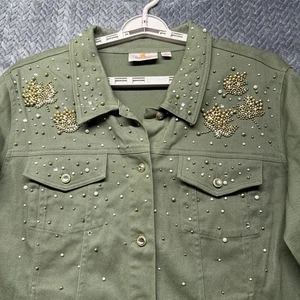 Quacker Factory Green Embellished Jacket XL Beaded Leaves Studded Button Front - Picture 1 of 10