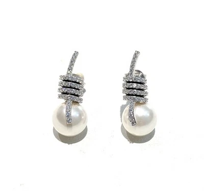 Orecchini Perle Zirconi a Spirale Argento Rodio Bianco Farfallina Made in Italy - Immagine 1 di 3