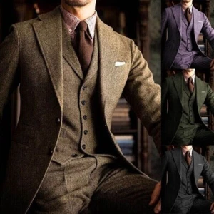 70%Wolle Herren Dünner Tweed Anzug Einreihige Jacke Blazer Smoking Sakko Custom - Picture 1 of 14