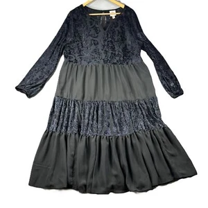 Knox Rose Midi Dress Sheer Velvet Burnout Black Navy Tiered Long Sleeve XXL K117 - Picture 1 of 8