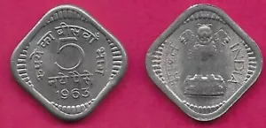 INDIA 5 NAYE PAISE 1963-C UNC NO MINT MARK,ASOKA LION PEDESTAL,ROUNDED SQUARE,DE - Picture 1 of 1