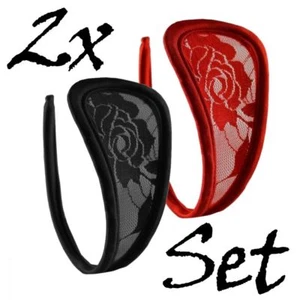 2er Set Doppelpack Damen Spitze C-String Slip Mini Bikini Schwarz Rot Tanga S/XL - Bild 1 von 5