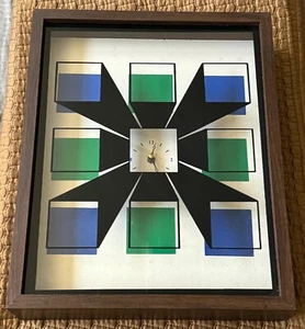 Vintage 60s 70s Green Blue Black Geometric Cube Clock Mid Century MCM Modern - Picture 1 of 14