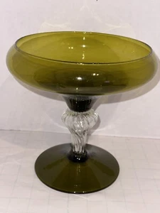 Empoli Hand Blown Glass Compote Pedestal Bowl Centerpiece Olive Avocado Green - Picture 1 of 16