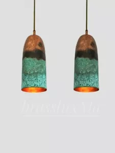 Set of 2 Green Patina Farmhouse Light Fixture,2 Oxidized Copper Pendant Light, H - Picture 1 of 5