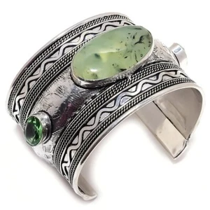 Prehnite, Peridot Gemstone Handmade 925 Silver Plated Cuff Bracelet Adjustable - Picture 1 of 1