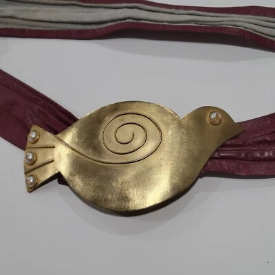 Vintage 70s Krasne Two Brass Belt Buckle Arts Crafts Quail  Hippie Chic Original - Image 1 of 4