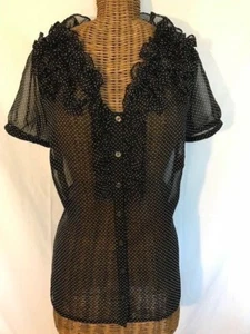 THE LIMITED - BLACK WHITE POLKA DOT SHORT SLEEVE RUFFLE BLOUSE - S - Picture 1 of 5