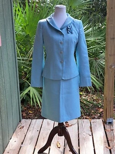 2 Pc Skirt Set Blue Geometric Print Professional Career Wedding - Picture 1 of 21