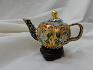 Miniature Pumpkin Cloisonné Enameled Teapot With Base Multicolor Floral - Picture 1 of 14