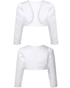 Kids Girls Shrug Bolero Beads Satin Long Sleeve Wedding Communion Cardigan Tops - Picture 1 of 17