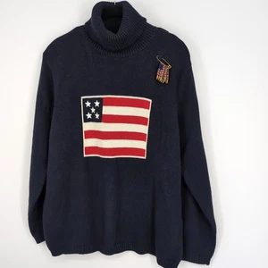 Liz Claiborne Strickpullover Gr. L 16-18 amerikanische Flagge USA Rollkragen 100% Baumwolle - Bild 1 von 9