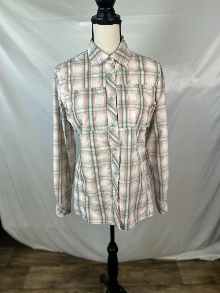 Camisa de pesca World Wide Sportsman talla pequeña gris a cuadros con botones ventilados para mujer Foto 1 de 4