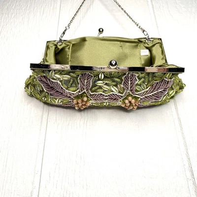 Beaded Evening Clutch Purse Womens Green Purple Floral Handbag Chain Strap - Image 1 of 4